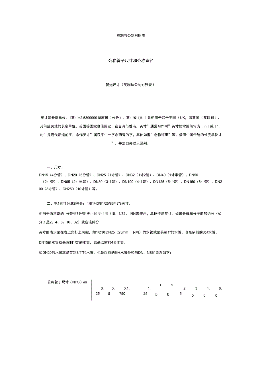 英制与公制对照表公称管子尺寸和公称直径_第1页