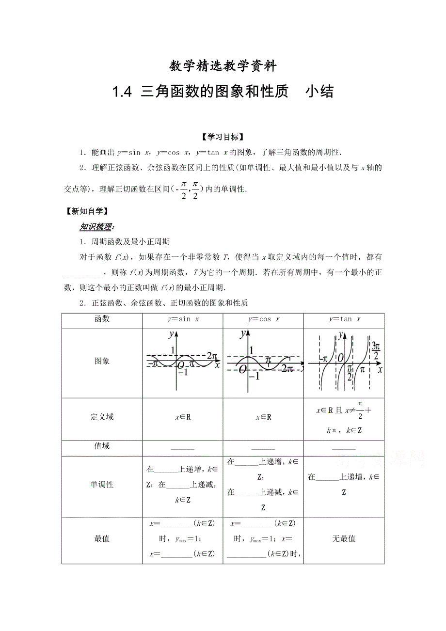 【精选】高中数学必修四导学案：1.4 三角函数的图象和性质 小结_第1页