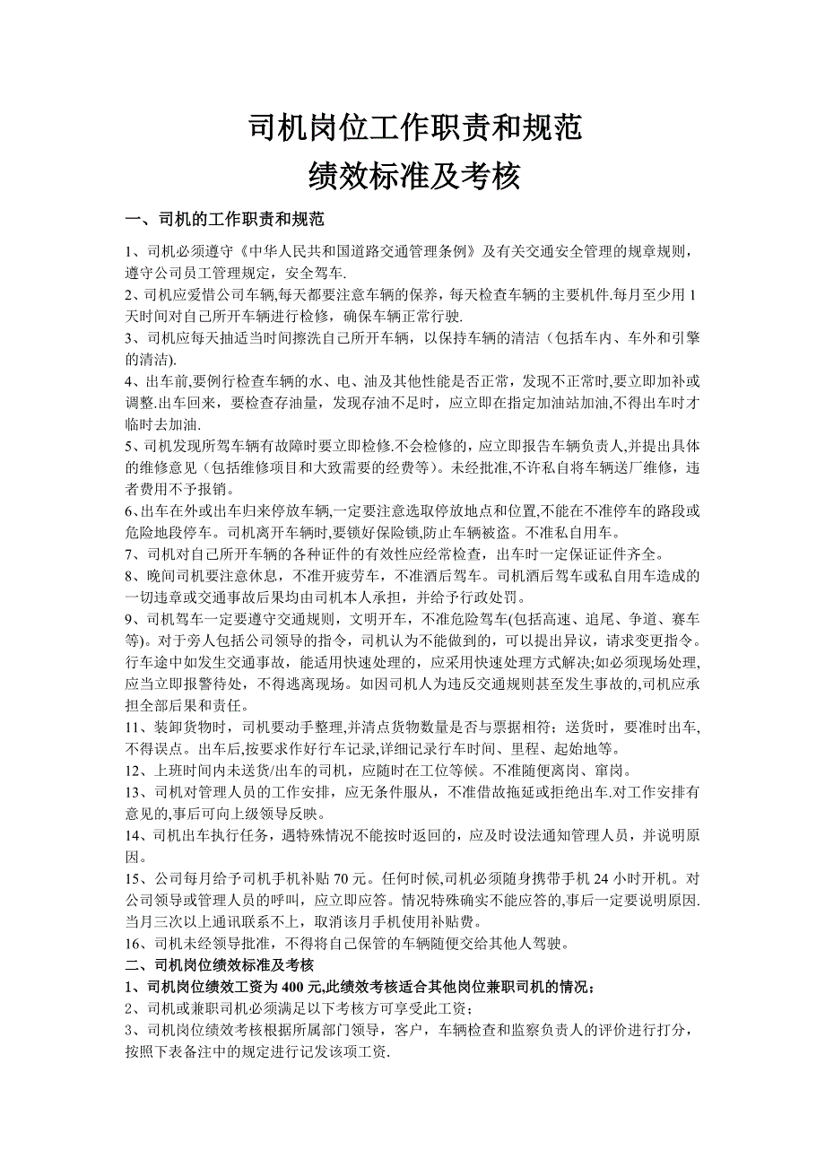 司机岗位工作职责和规范绩效标准及考核_第1页