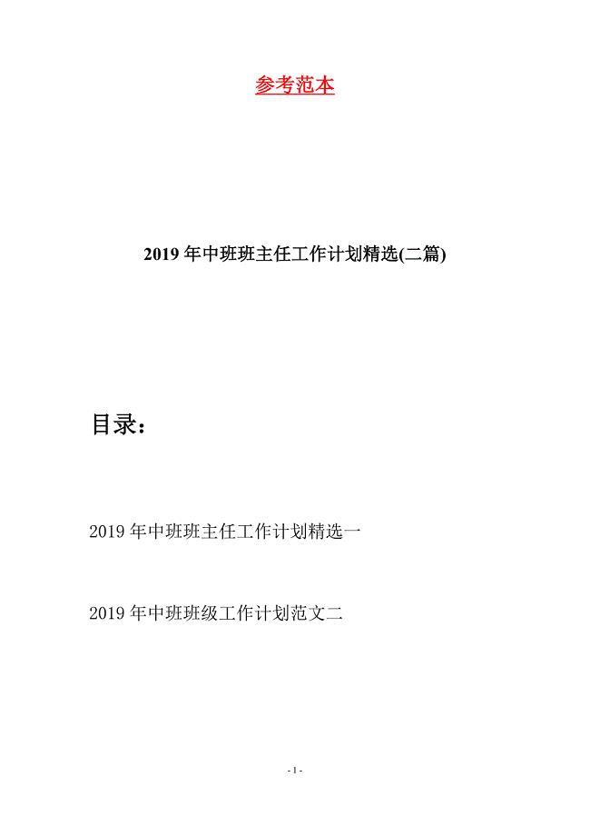 2019年中班班主任工作计划精选(二篇).docx