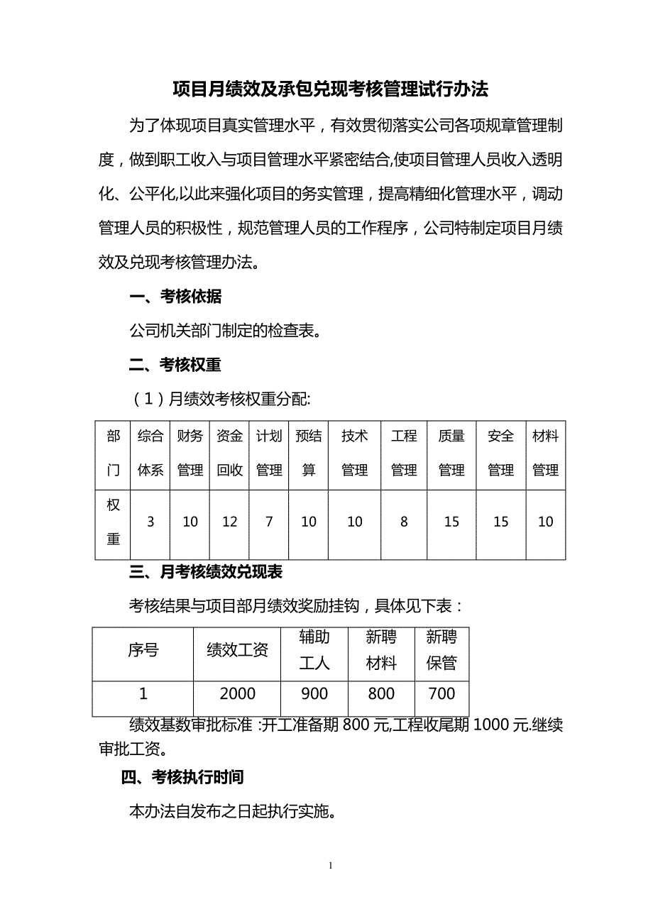 项目月绩效考核及兑现考核办法_第1页