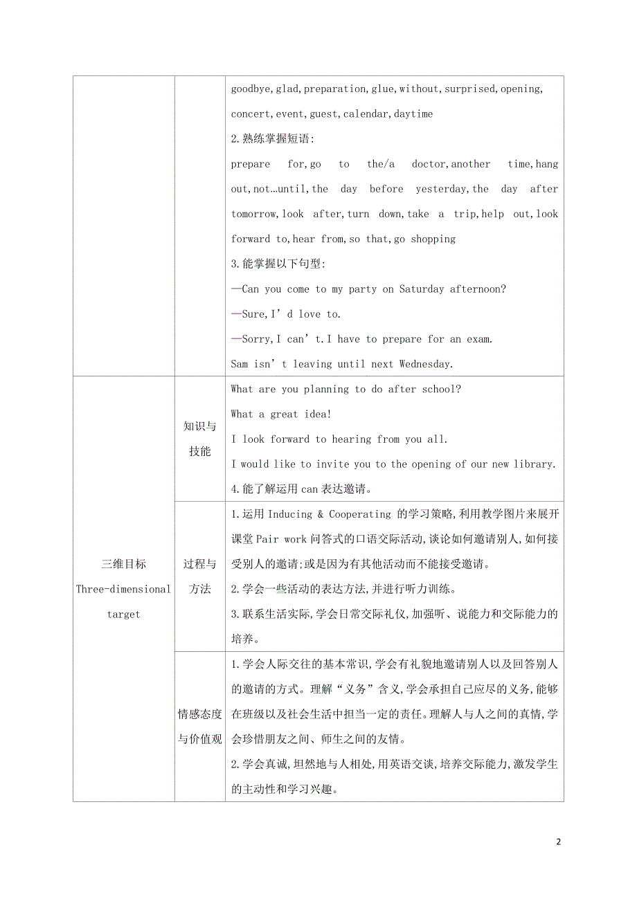 2019秋八年级英语上册 Unit 9 Can you come to my party Section A（1a-2d）教案 （新版）人教新目标版_第2页