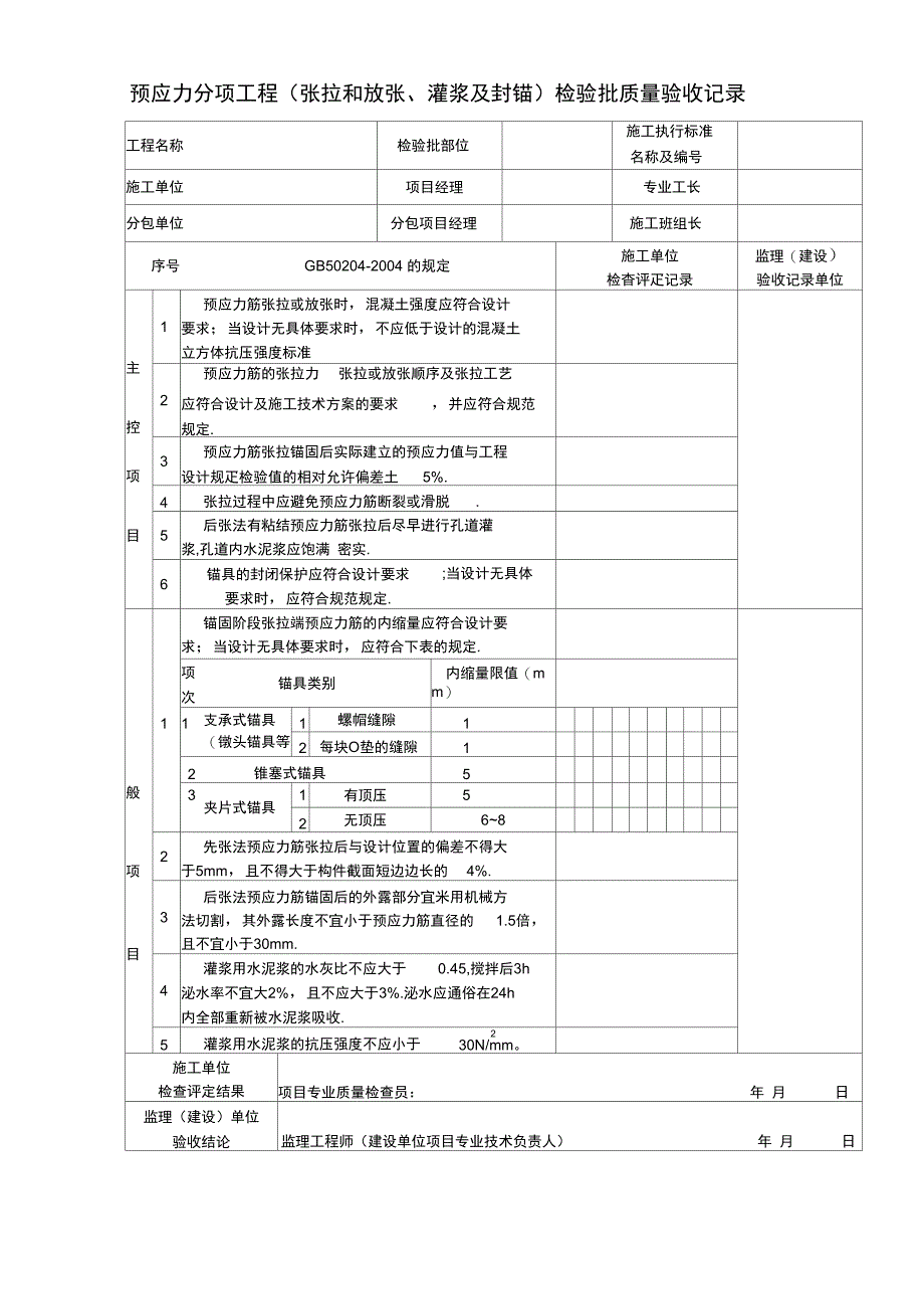 预应力分项工程(张拉和放张、灌浆及封锚)检验批质量验收记录_第1页