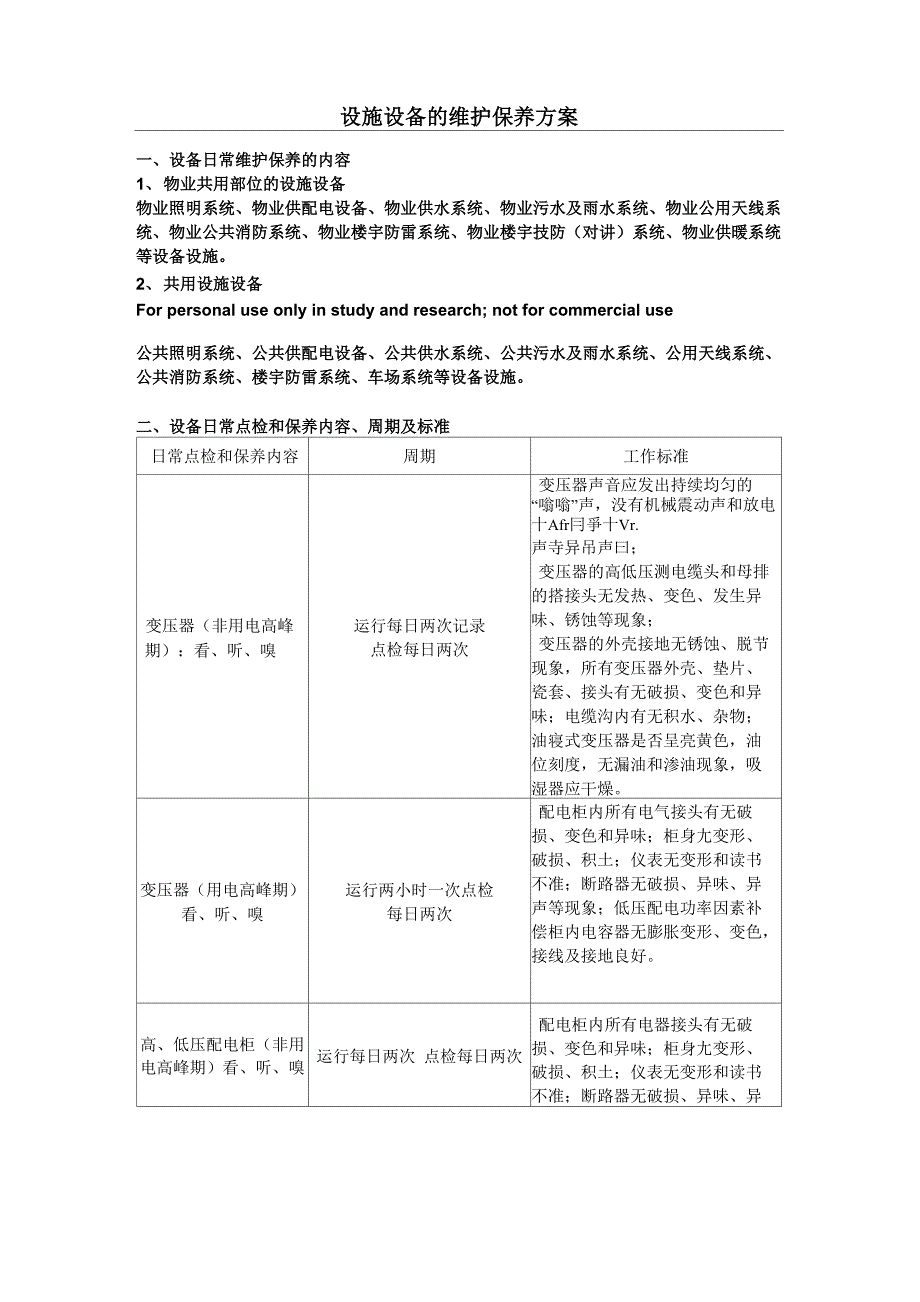 设施设备的维护保养方案_第1页