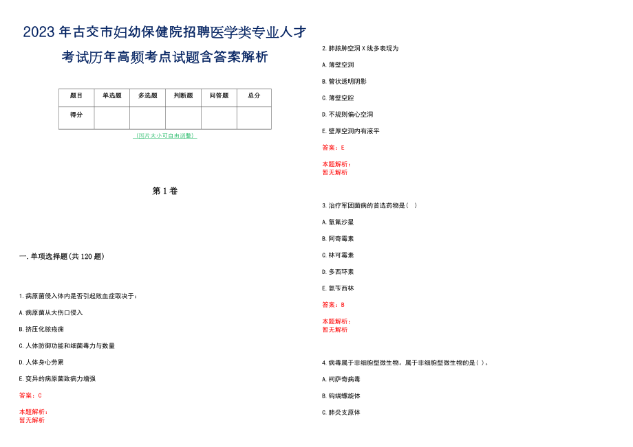 2023年古交市妇幼保健院招聘医学类专业人才考试历年高频考点试题含答案解析_第1页