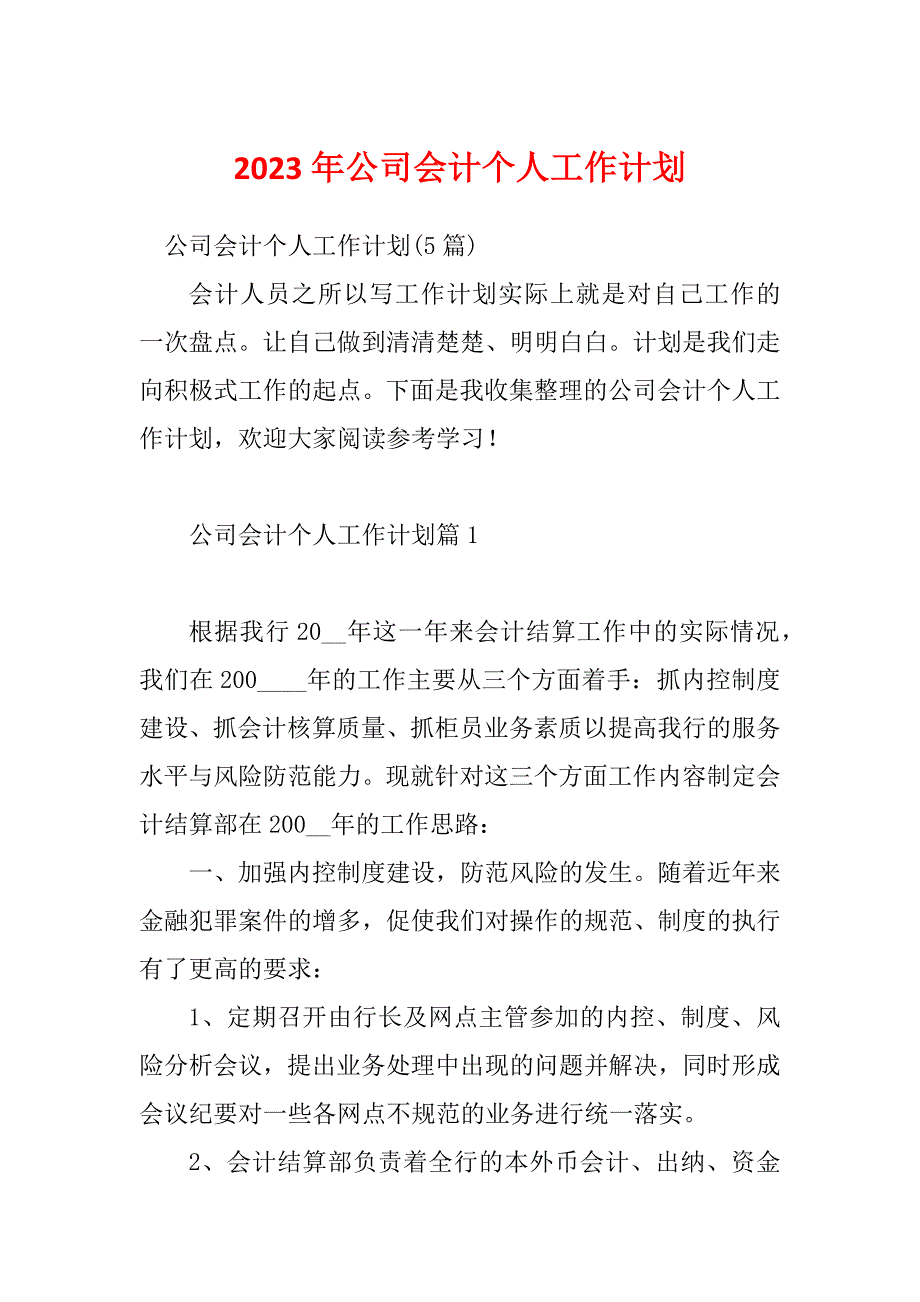 2023年公司会计个人工作计划_第1页