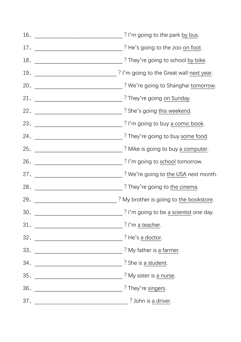 六年级英语根据答句写问句练习_第2页