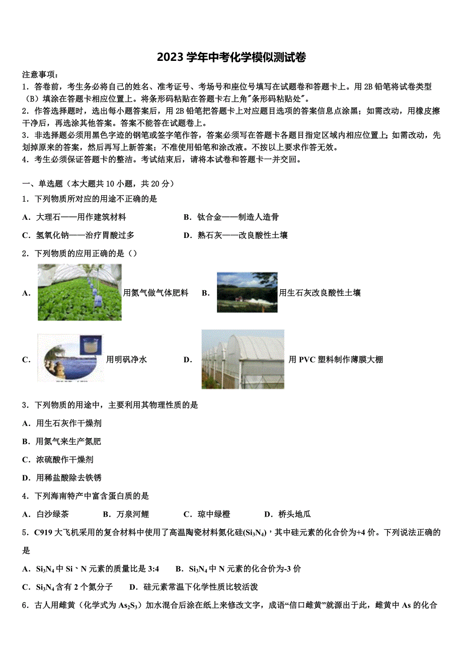 安徽省宿州十一中学2023学年中考化学考试模拟冲刺卷（含答案解析）.doc_第1页