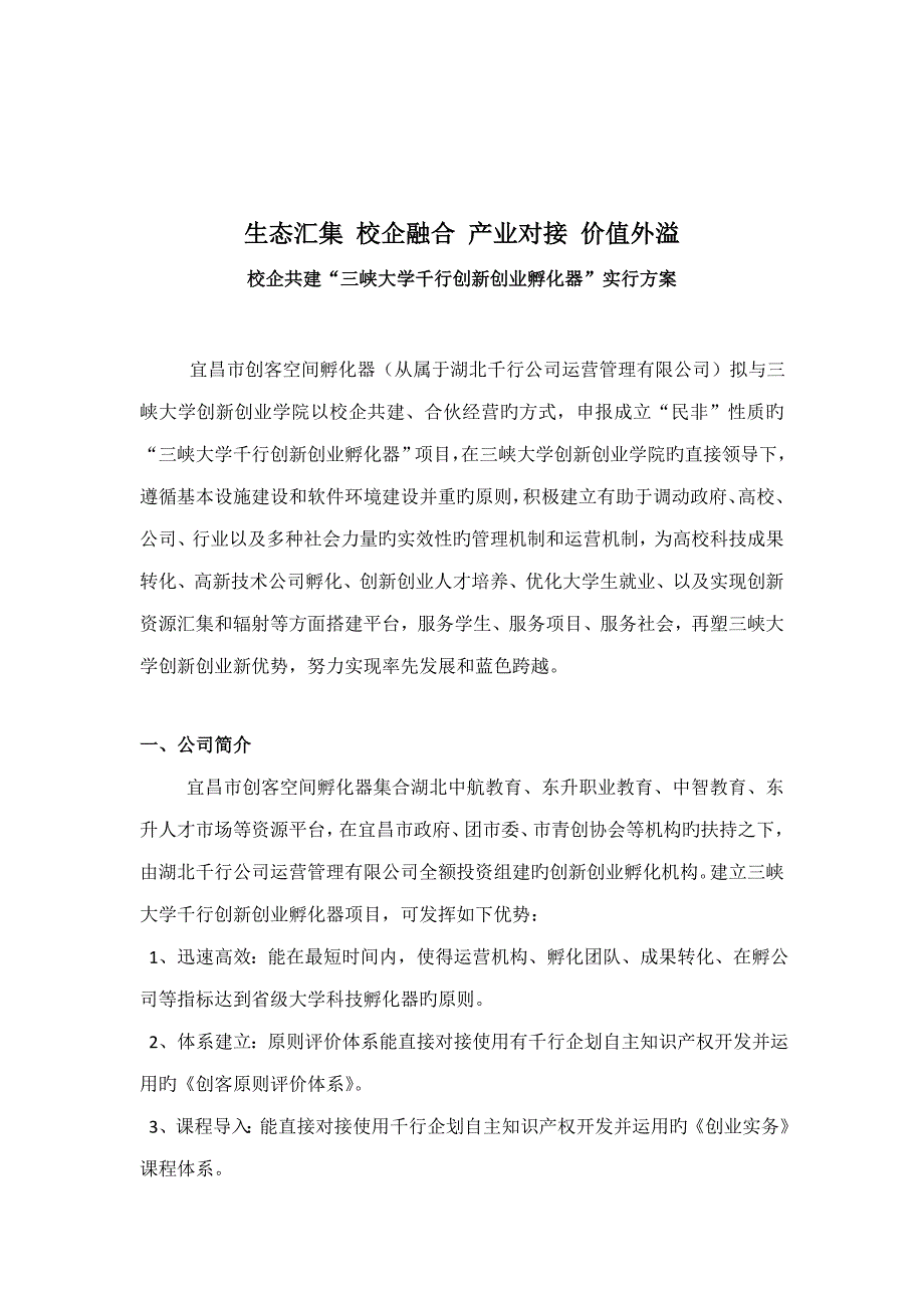 校企共建千行创新创业孵化器实施专题方案_第1页