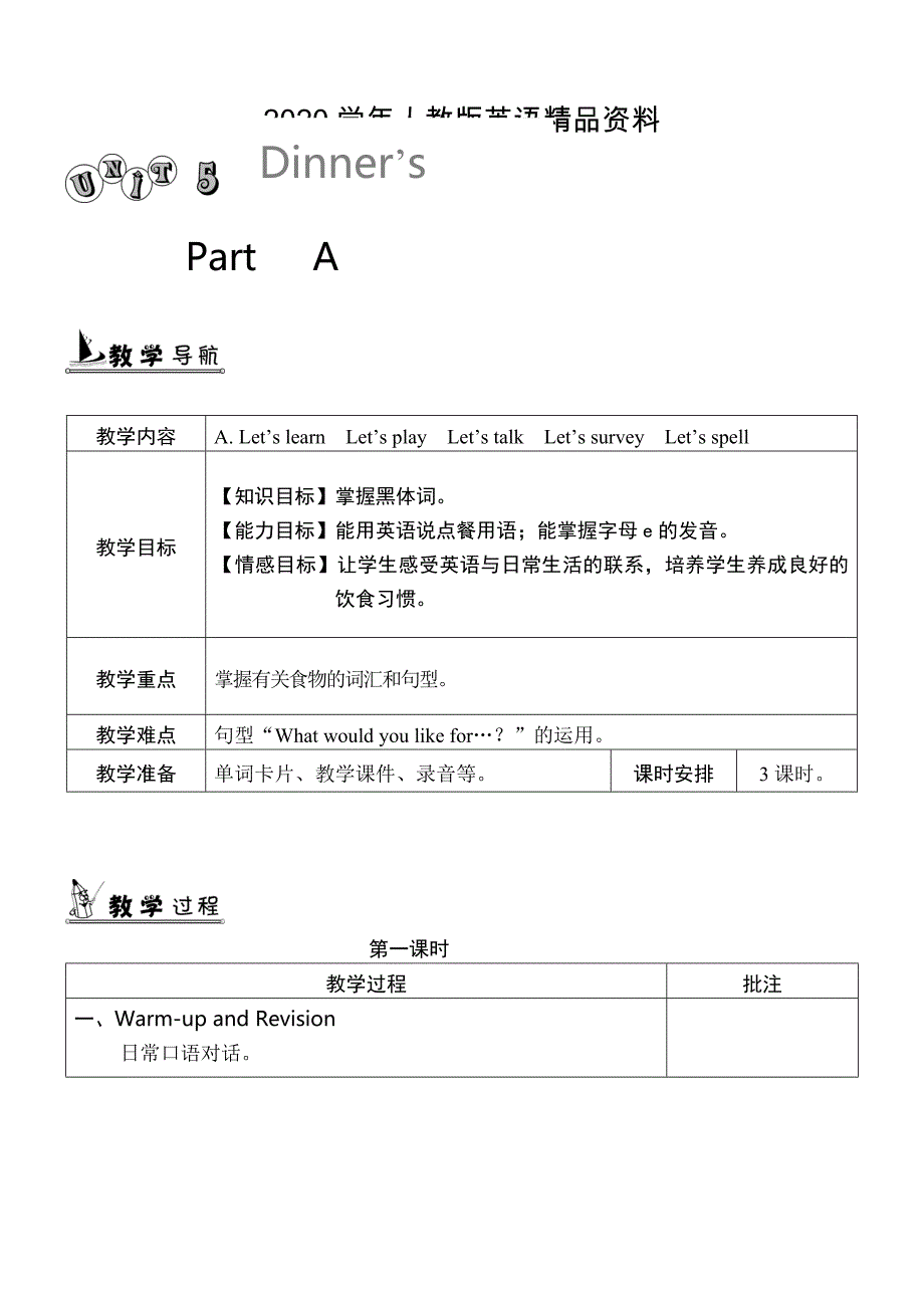 2020【人教版】英语四年级上册：全册配套教案设计Unit 5 单元教案 1_第1页