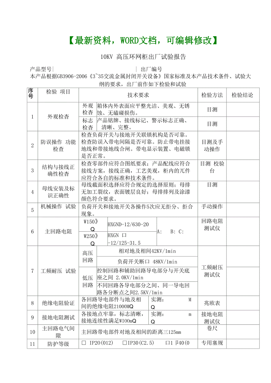 高压环网柜试验报告_第1页