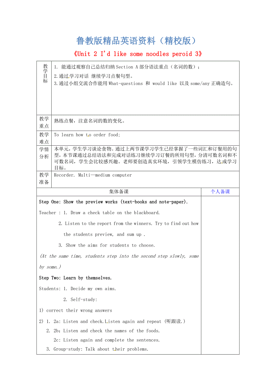 山东省淄博市七年级英语上册Unit2I39;dlikesomenoodlesperiod3教案鲁教版五四制【精校版】_第1页