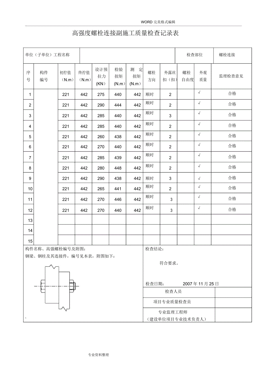 高强度螺栓连接副施工质量检查记录文本表_第1页