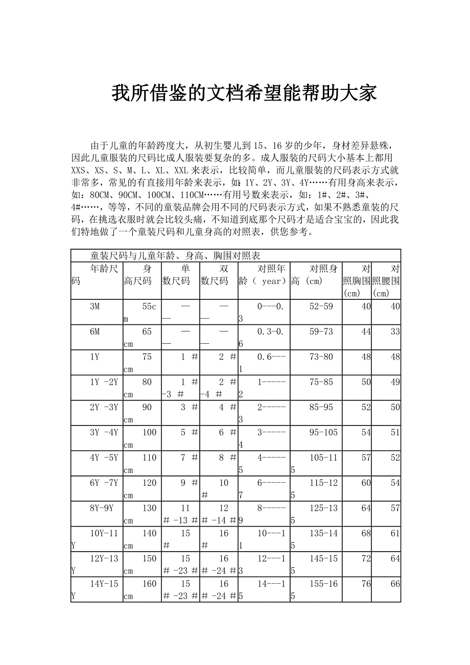 婴儿儿童服装尺码身高衣长对照表及计算表_第1页