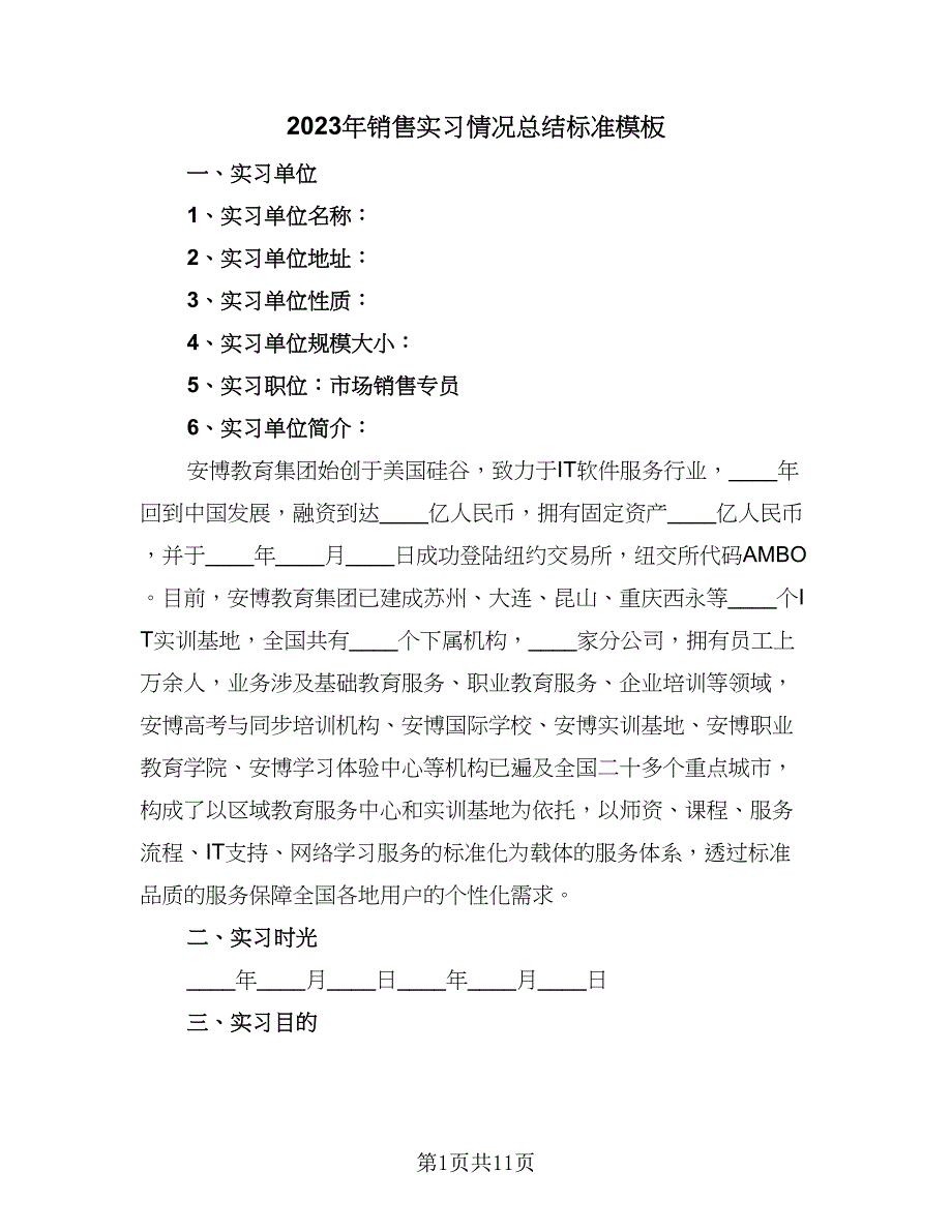 2023年销售实习情况总结标准模板（2篇）.doc_第1页