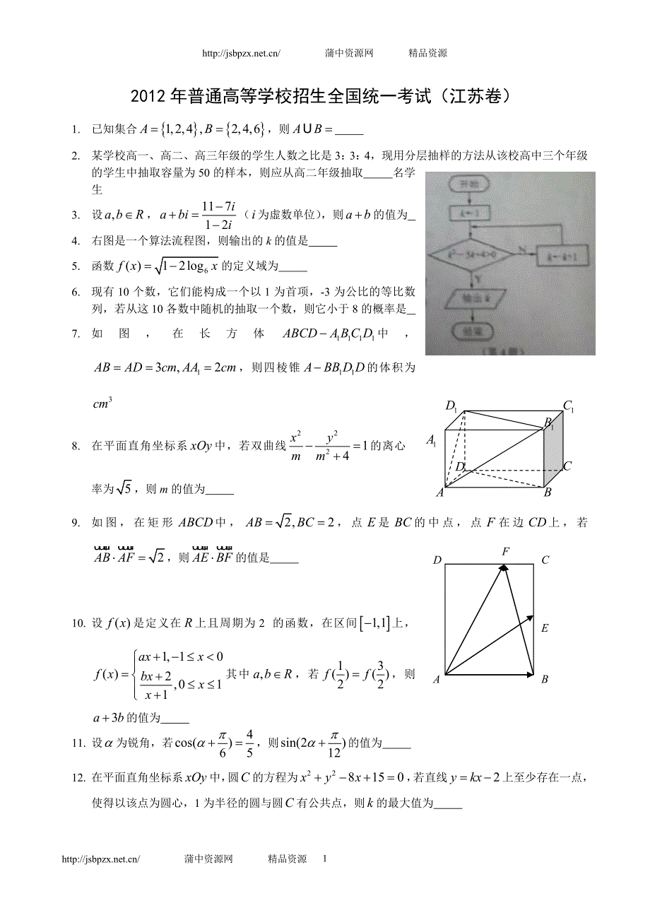 2012年普通高校招生考试江苏卷数学.doc_第1页