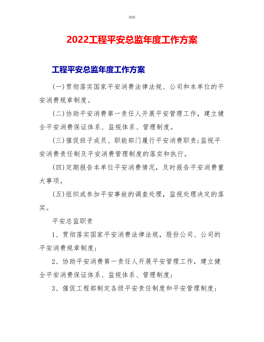 2022项目安全总监年度工作计划_第1页