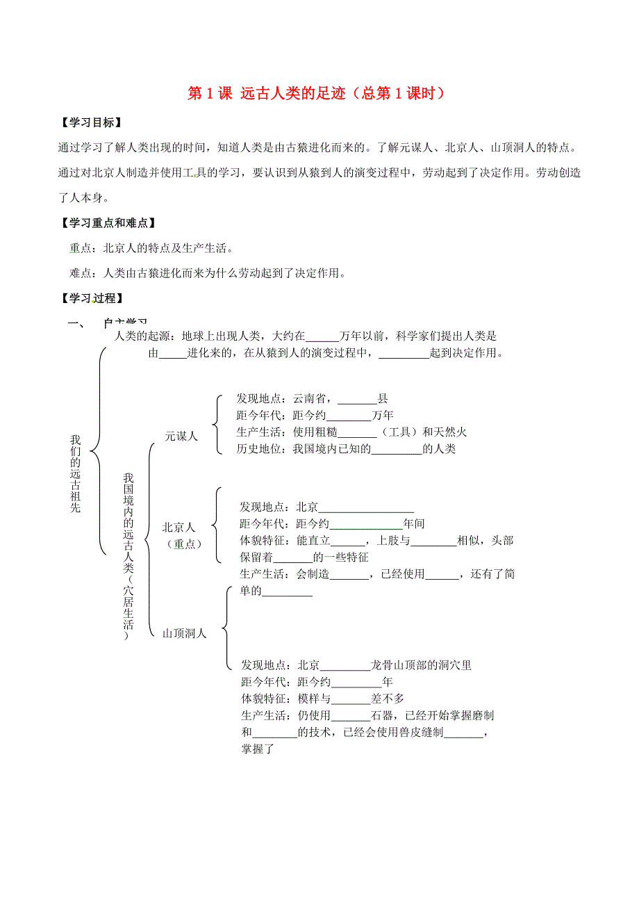 七年级历史上册第1课远古人类的足迹学案1岳麓版_第1页