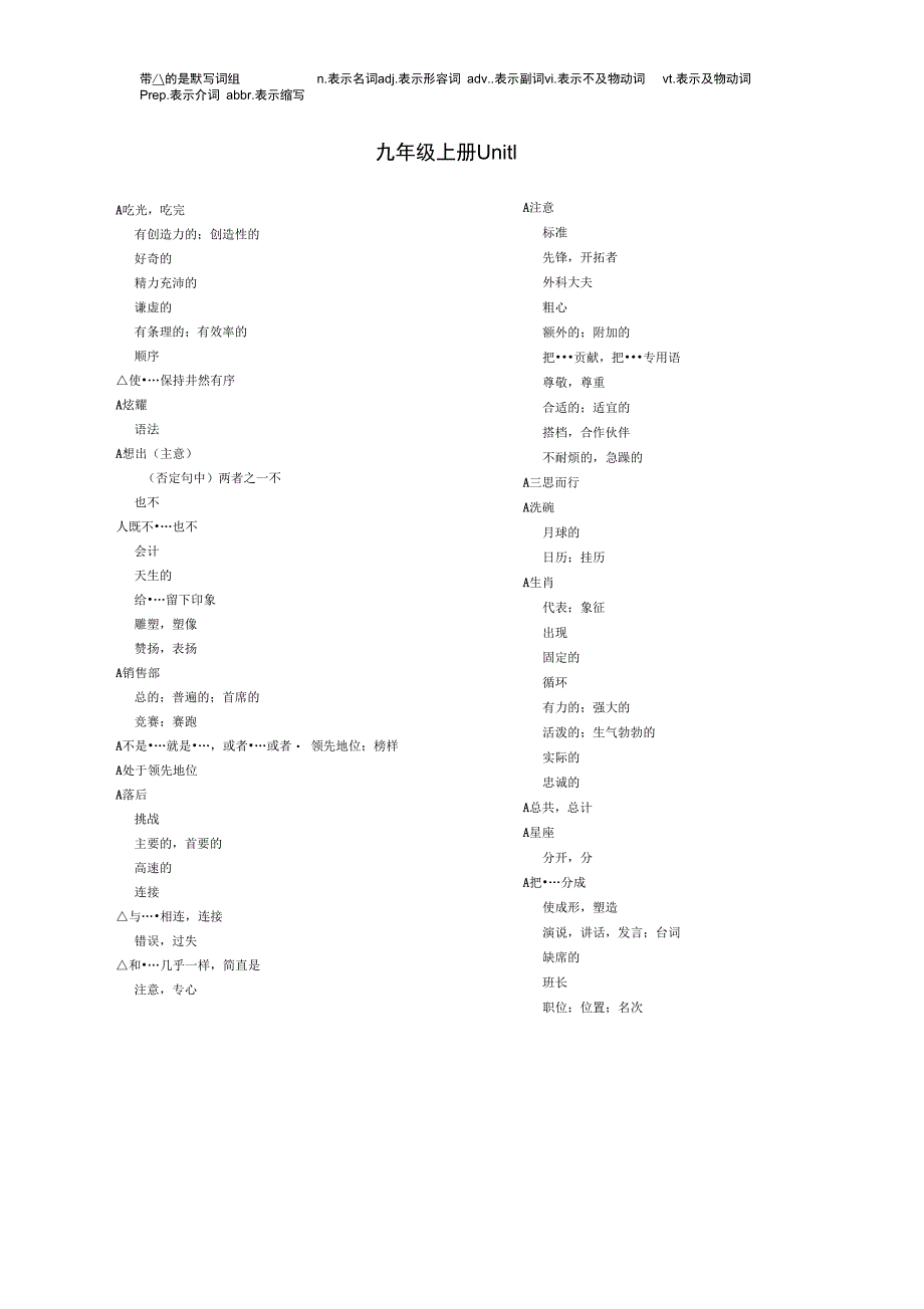 (完整word)九年级上册各单元单词表中文_第1页