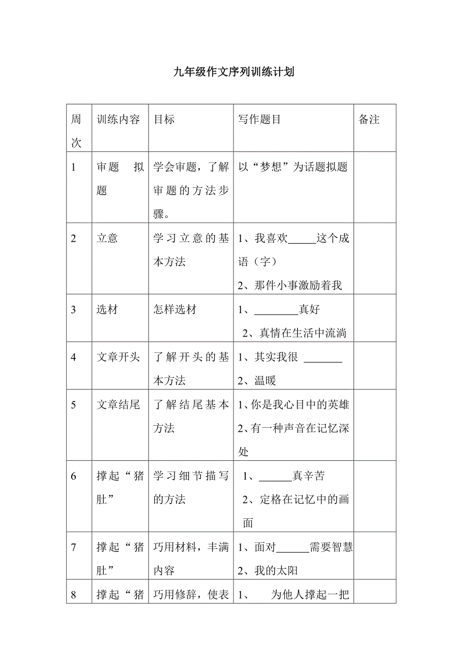 九年级作文序列训练计划_第1页