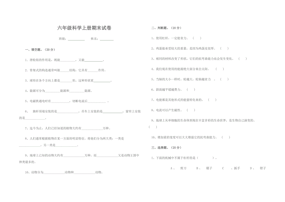 2010六年级科学上册期末试卷.doc_第1页