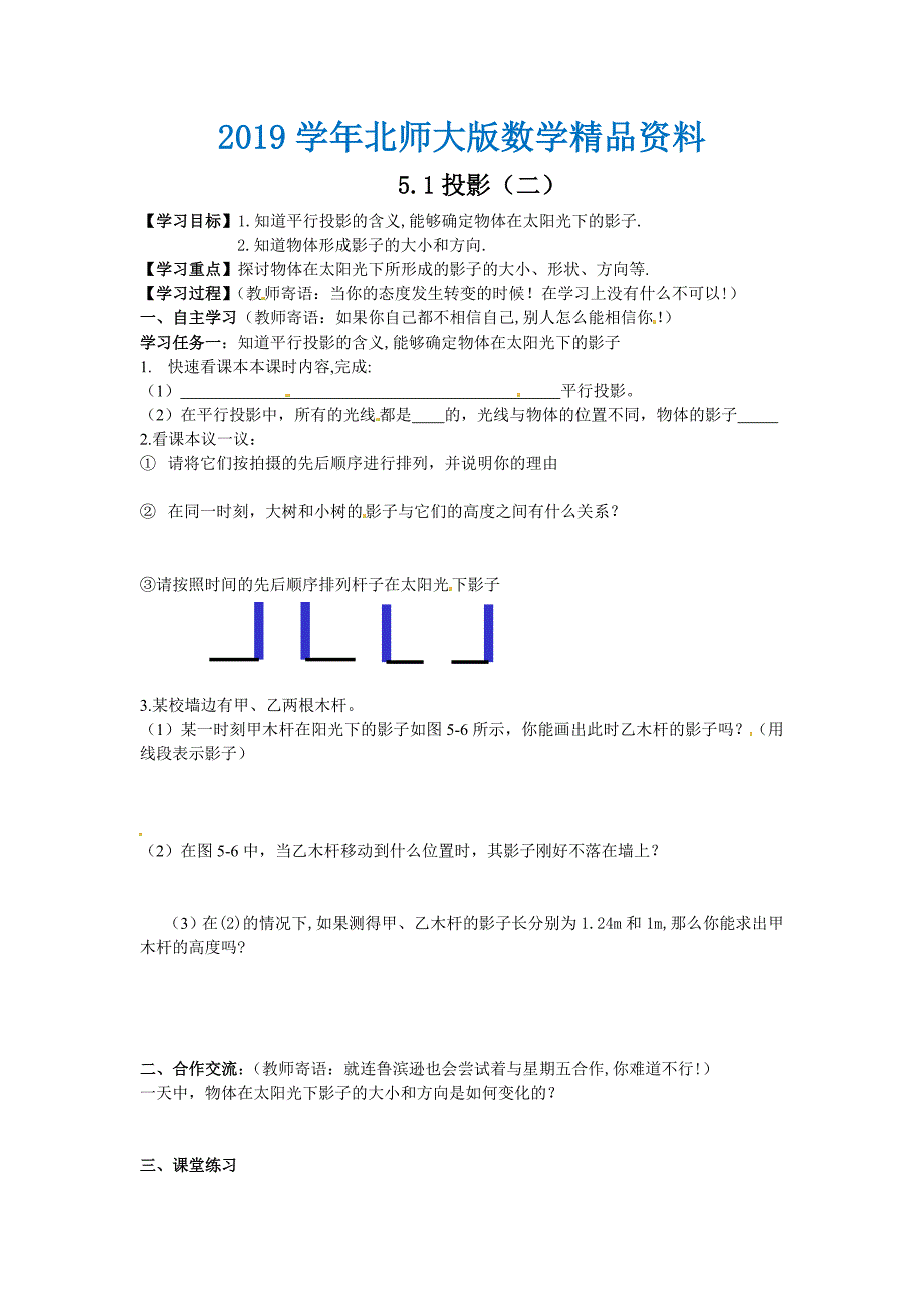 北师大版九年级数学上5.1投影2学案_第1页