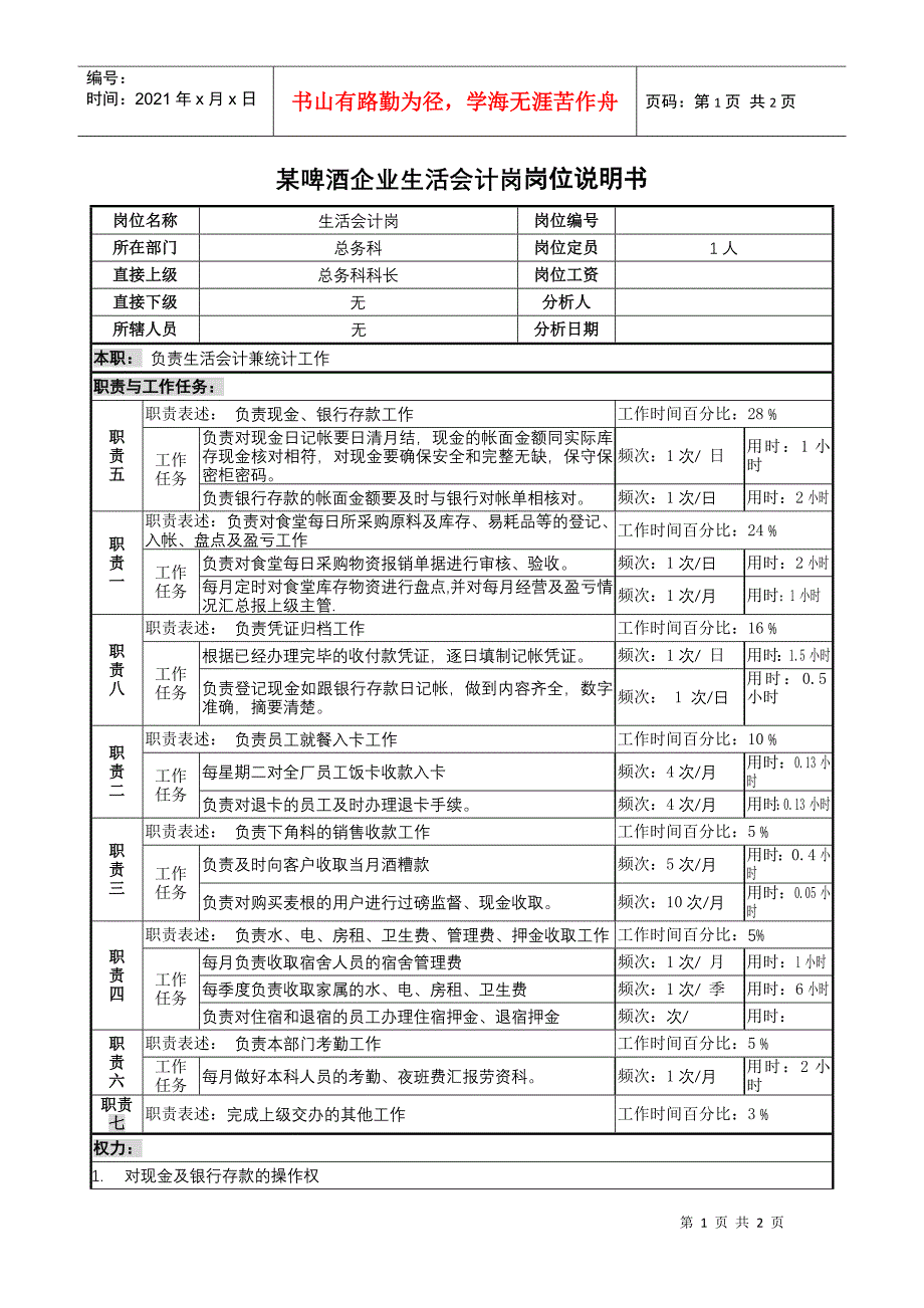 某啤酒企业生活会计岗岗位说明书_第1页