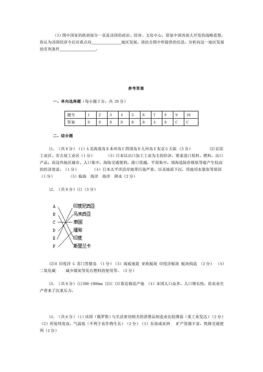 七年级下册地理第七章测试题_第5页