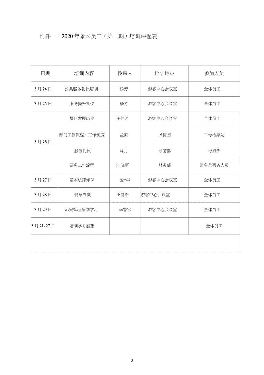 景区2020年员工培训计划_第3页