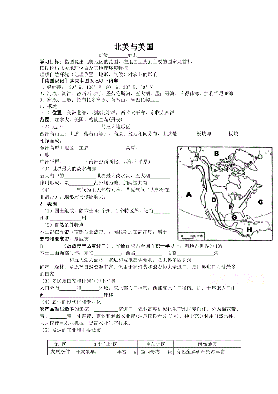 新课标高三地理一轮复习学案：北美与美国_第1页