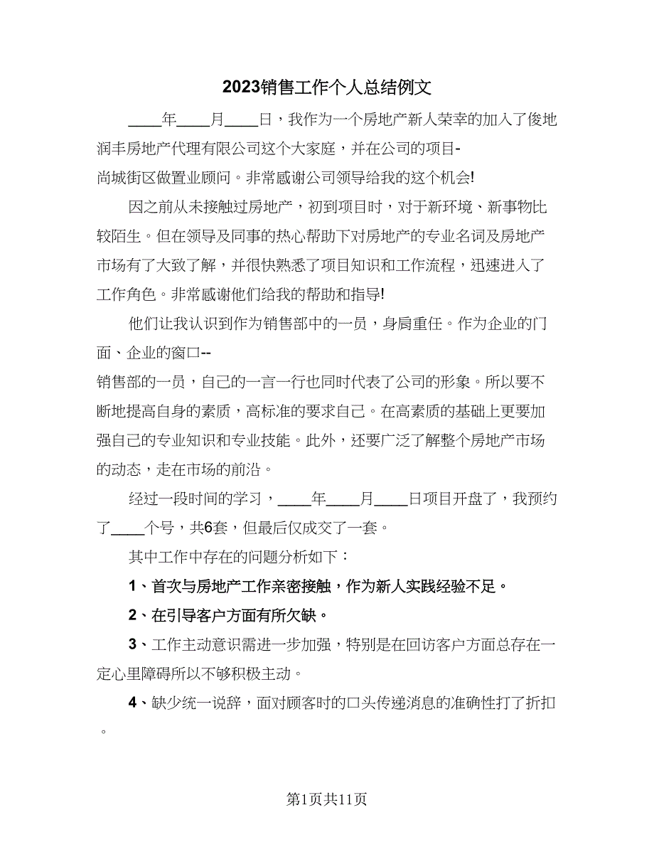 2023销售工作个人总结例文（六篇）.doc_第1页