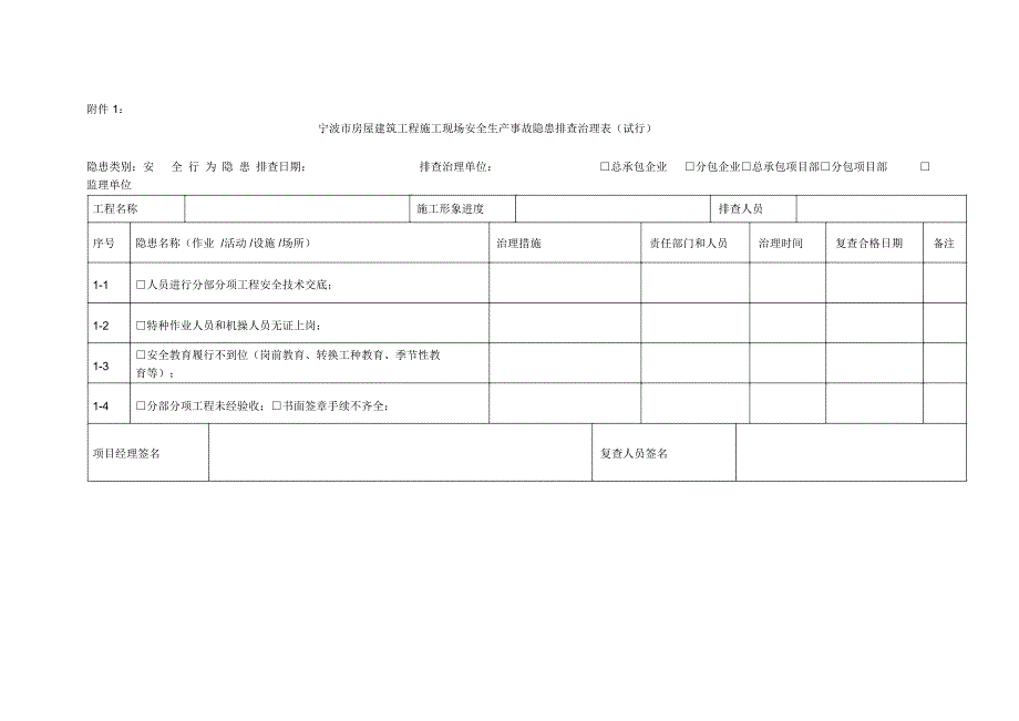 宁波市房屋建筑工程施工现场安全生产事故隐患排查治理表教学教材_第1页