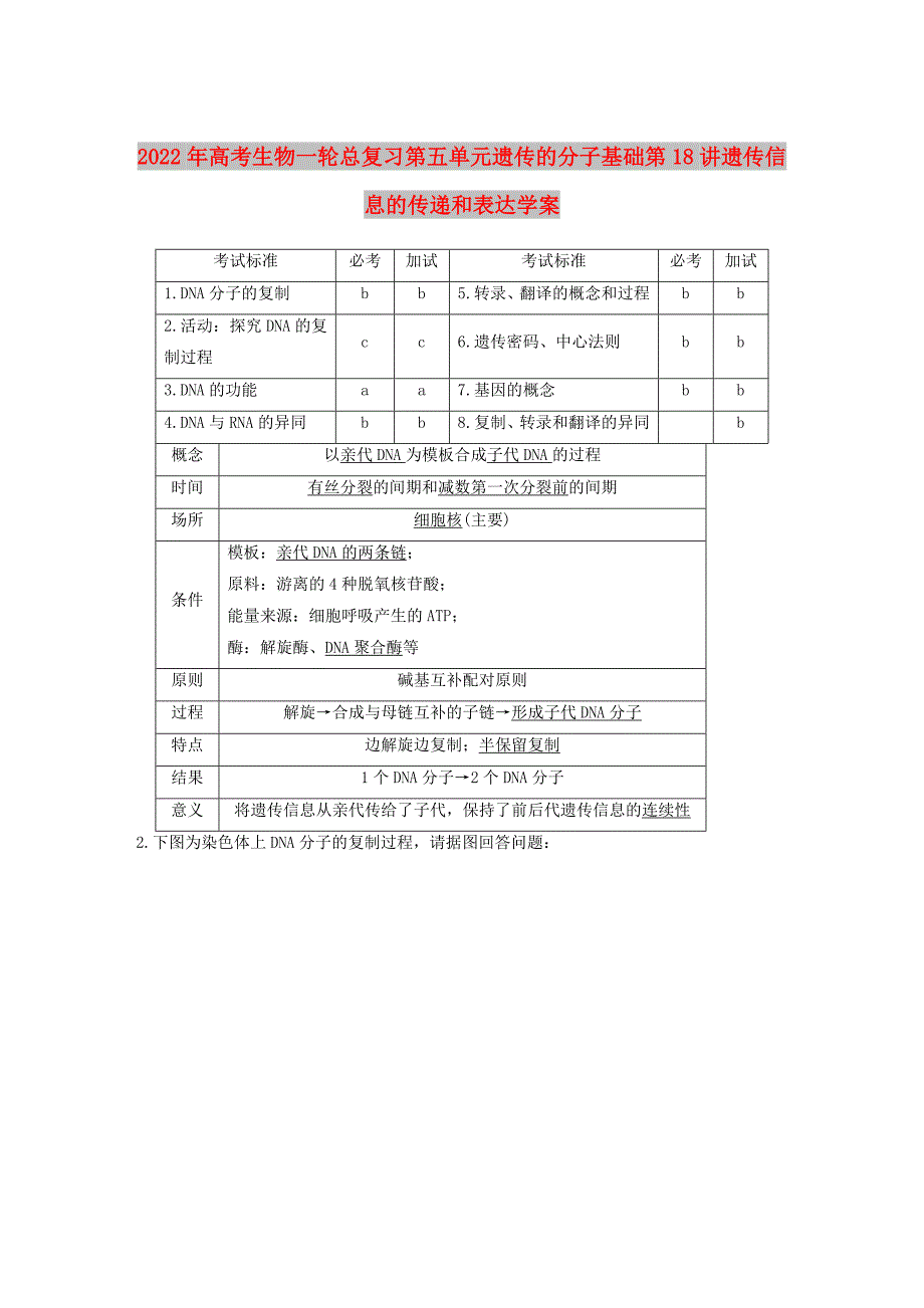 2022年高考生物一轮总复习第五单元遗传的分子基础第18讲遗传信息的传递和表达学案_第1页