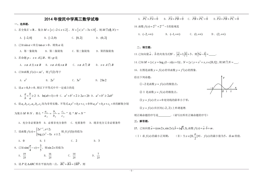 2014-2015学年度俊民中学高三数学理科第二次单元考试卷_第1页