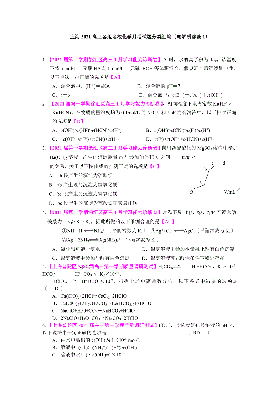 化学同步练习题考试题试卷教案上海高三各地名校化学模拟试题分类汇编电解质溶液1_第1页