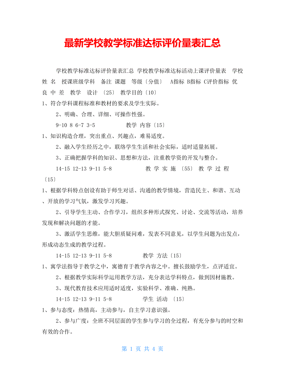 最新学校教学规范达标评价量表汇总_第1页