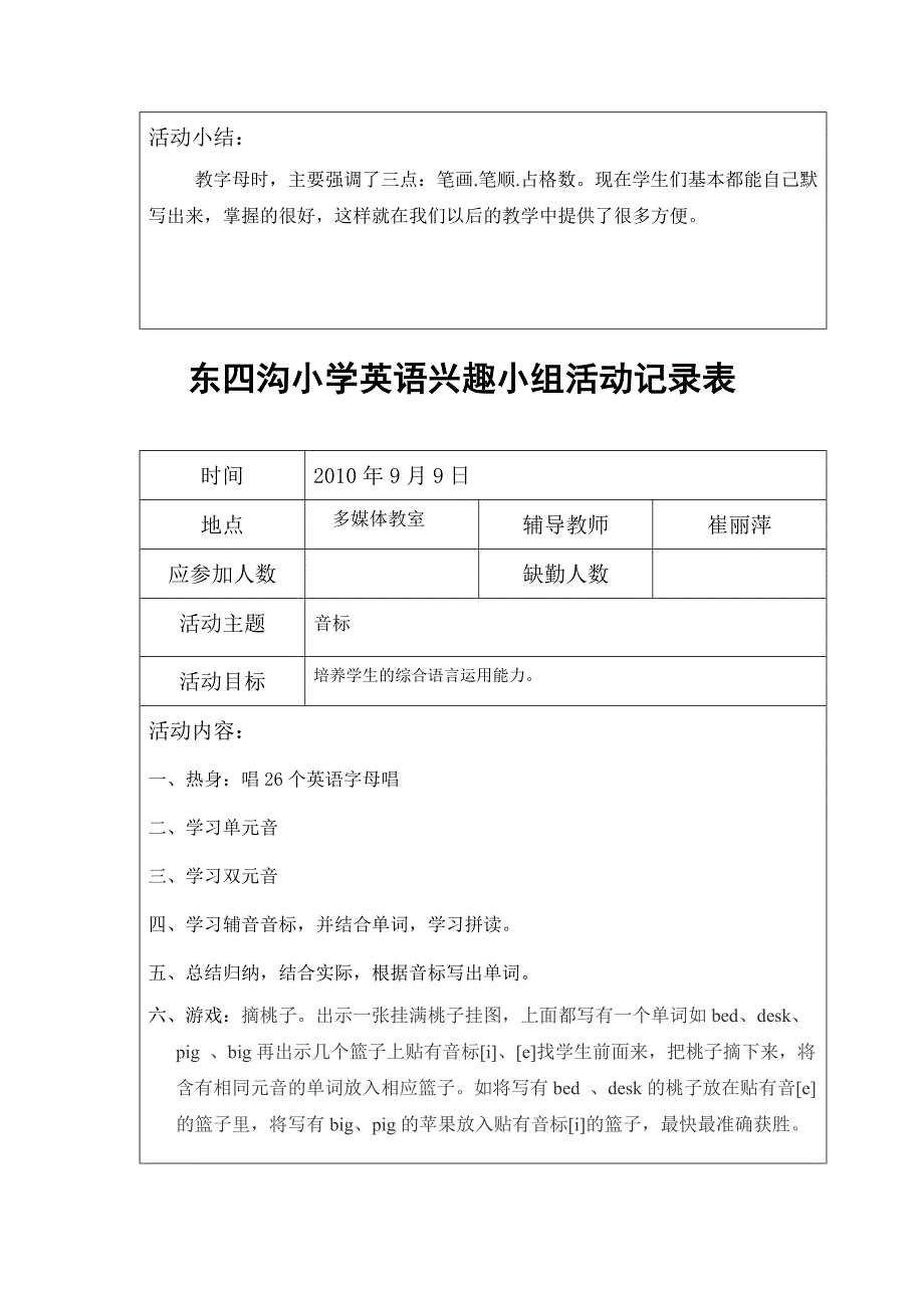 东四沟小学英语兴趣小组活动记录表_第2页