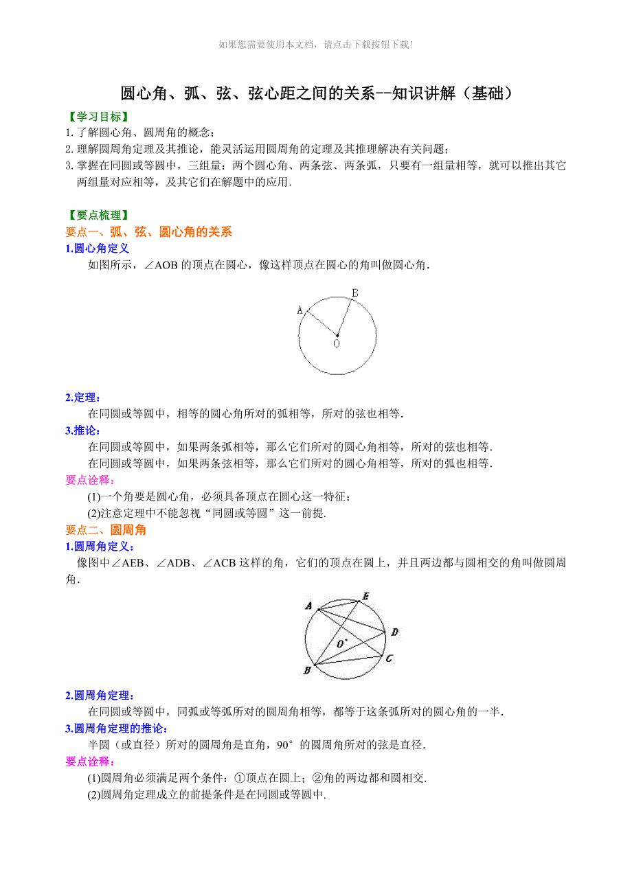 圆心角、弧、弦、弦心距之间的关系--知识讲解(基础)_第1页