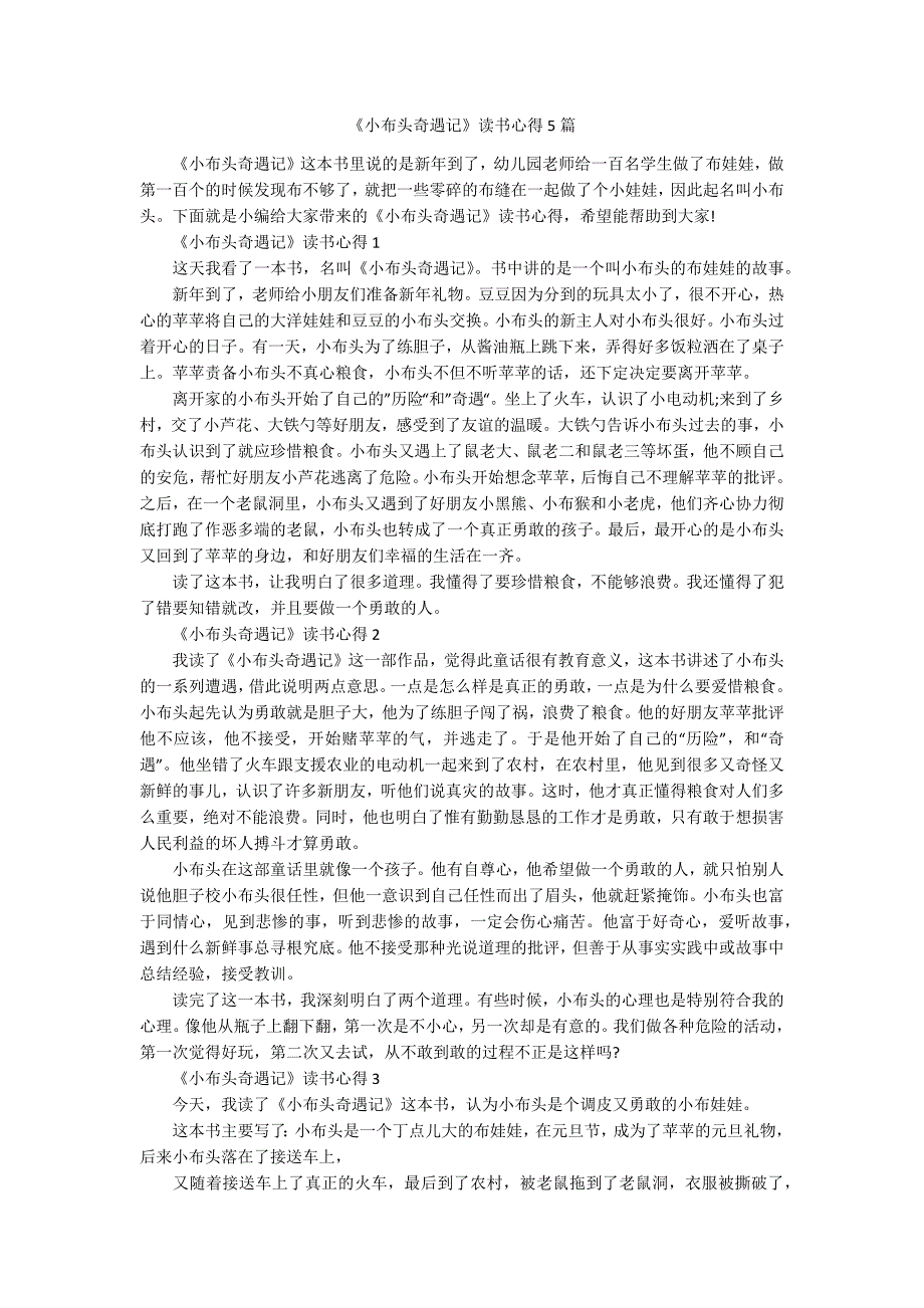 《小布头奇遇记》读书心得5篇_第1页