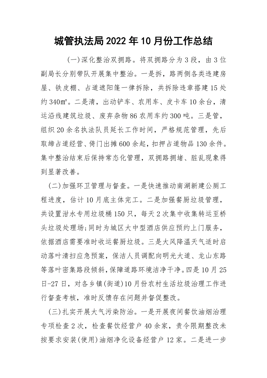 城管执法局2022年10月份工作总结_第1页