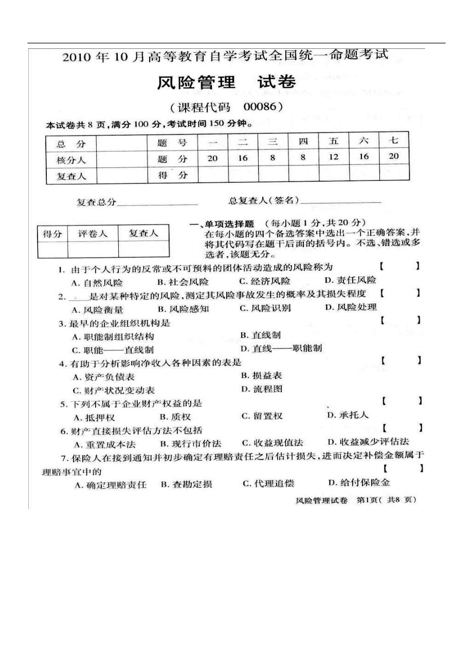 自考风险管理历年试题_第1页