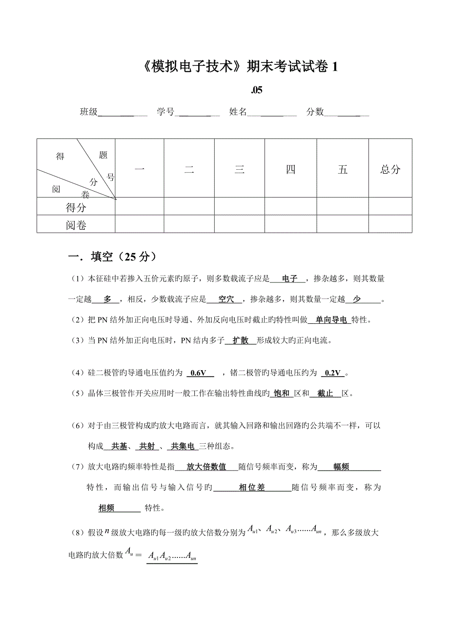 模拟电子技术期末试卷答案_第1页