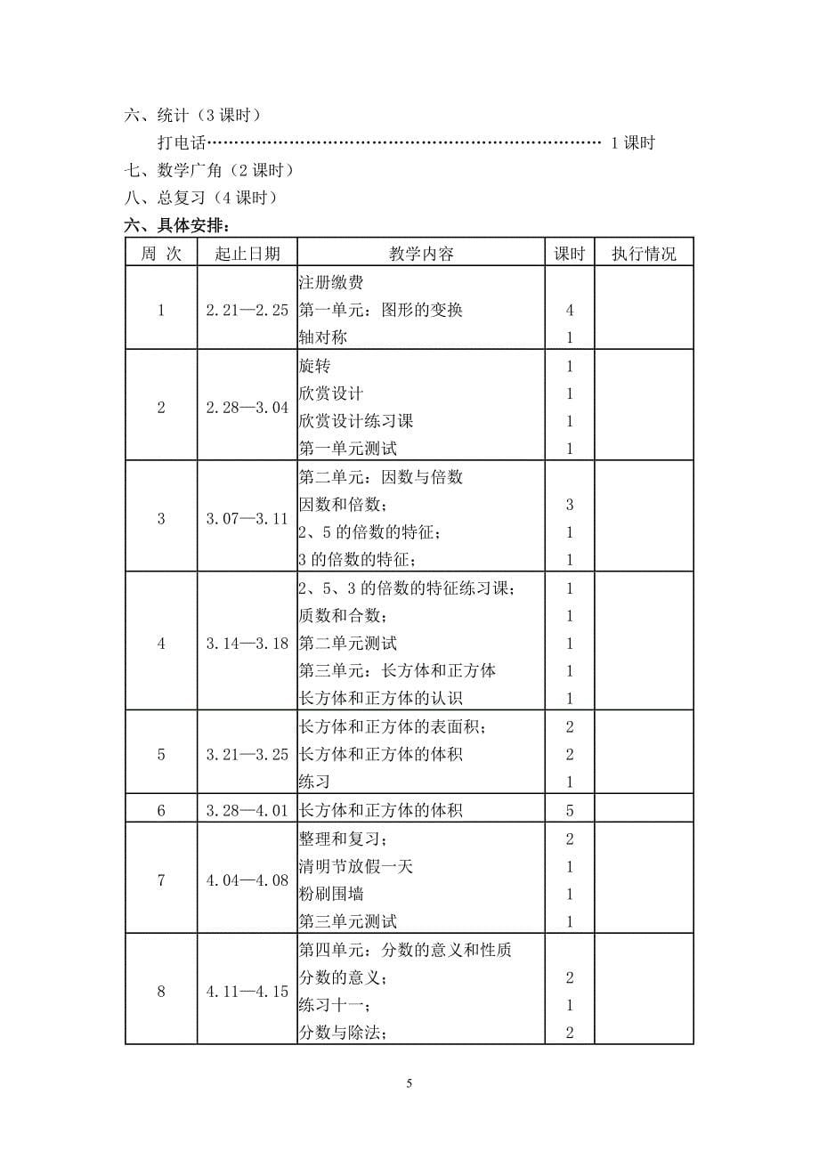 人教版五年级下册数学教学计划_第5页