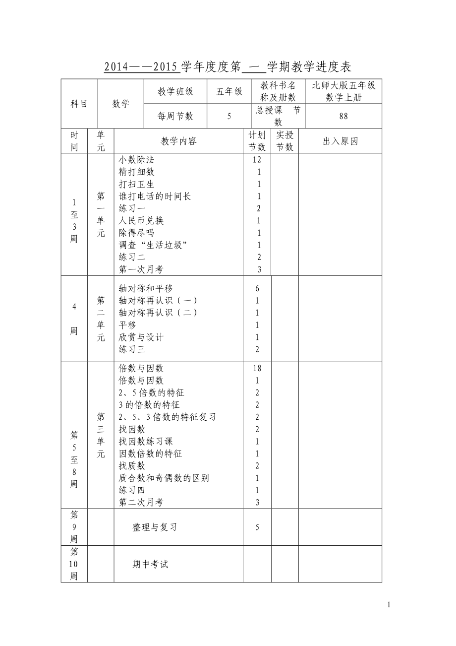 2014-2015学年度第一学期新北师大版五年级上册数学全册教案.doc_第1页