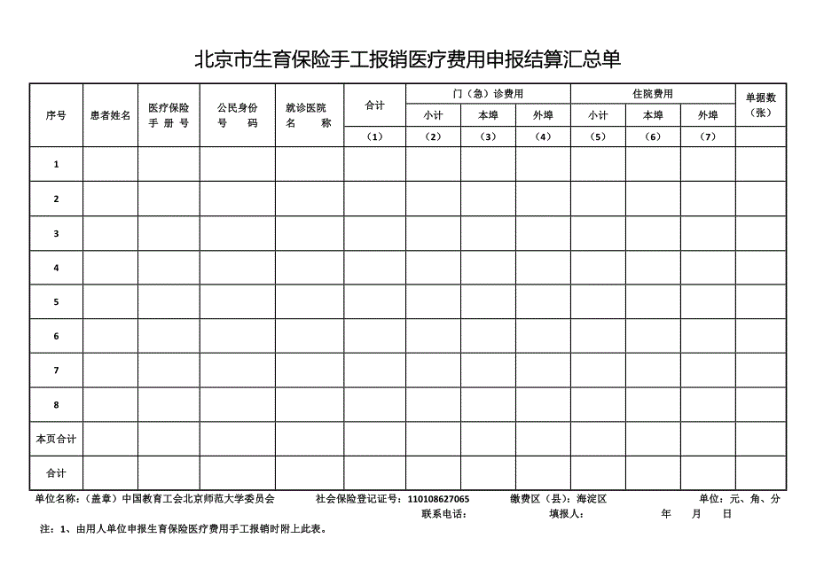 北京市生育保险手工报销医疗费用申报结算汇总单_第1页