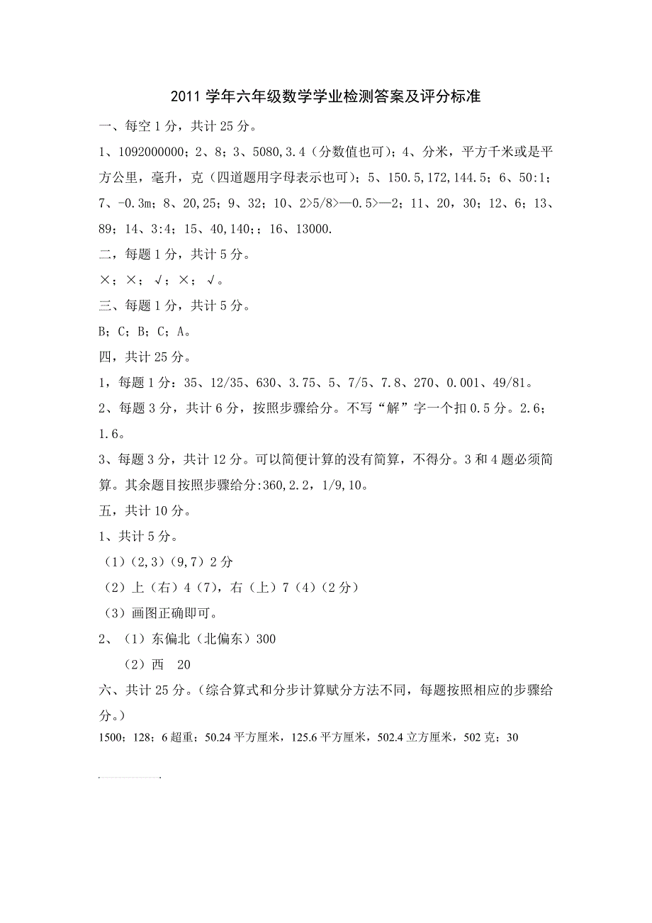 六年级毕业数学试卷答案及评分标准_第1页