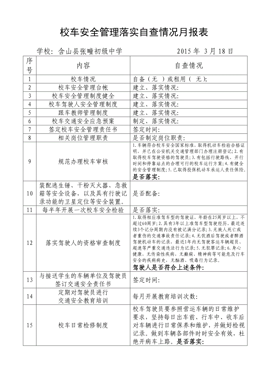 校车安全管理落实自查情况月报表_第1页