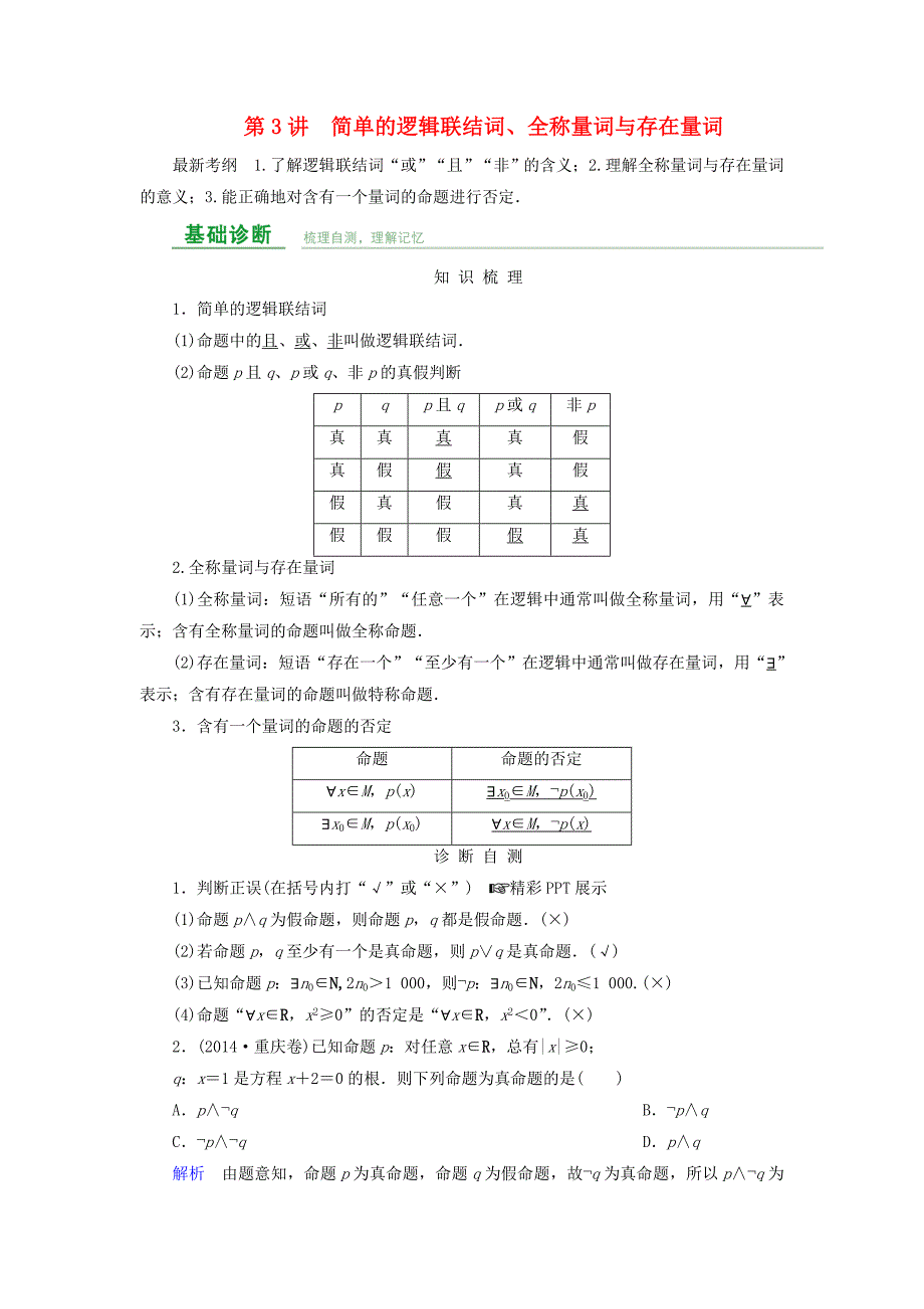 高考数学总复习第一章集合与常用逻辑用语第3讲简单的逻辑联结词、全称量词与存在量词.doc_第1页