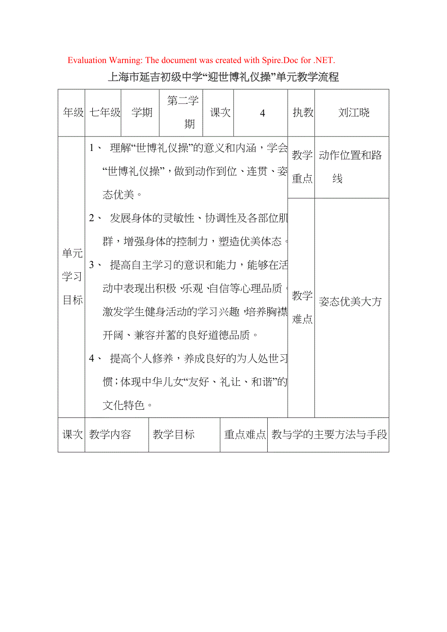 上海市延吉初级中学“迎世博礼仪操”单元教学流程_第1页