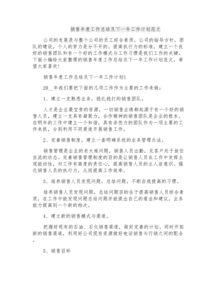 销售年度工作总结及下一年工作计划范文_第1页